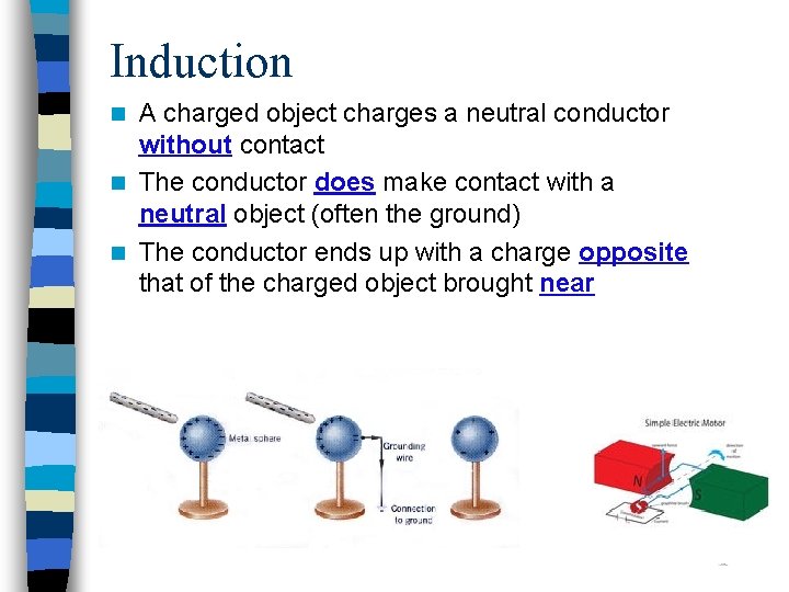 Induction A charged object charges a neutral conductor without contact n The conductor does