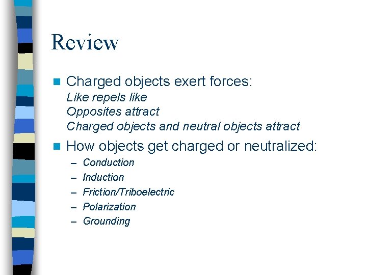 Review n Charged objects exert forces: Like repels like Opposites attract Charged objects and