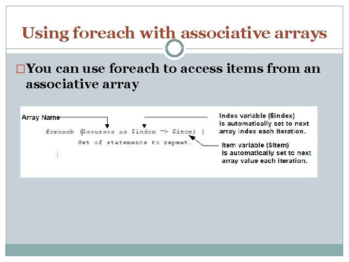Using foreach with associative arrays �You can use foreach to access items from an