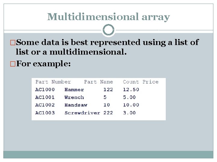 Multidimensional array �Some data is best represented using a list of list or a