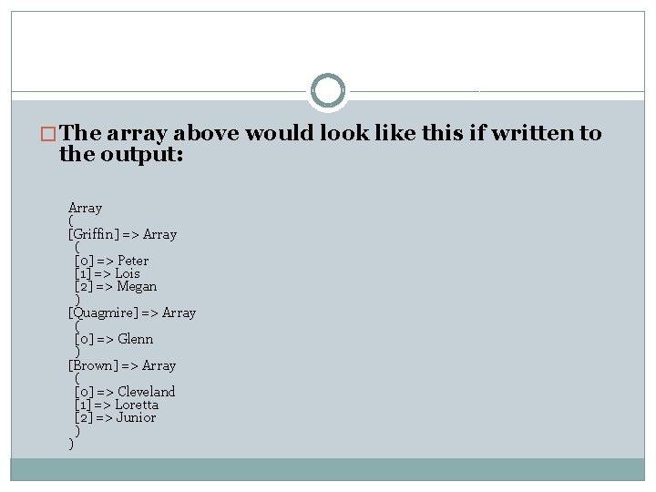 � The array above would look like this if written to the output: Array