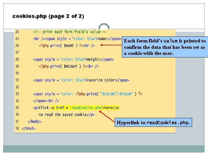 cookies. php (page 2 of 2) Each form field’s value is printed to confirm