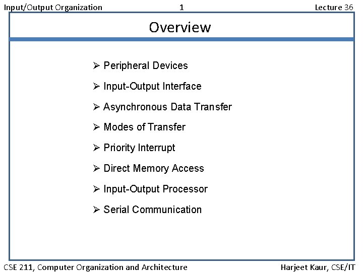 Input/Output Organization 1 Lecture 36 Overview Ø Peripheral Devices Ø Input-Output Interface Ø Asynchronous