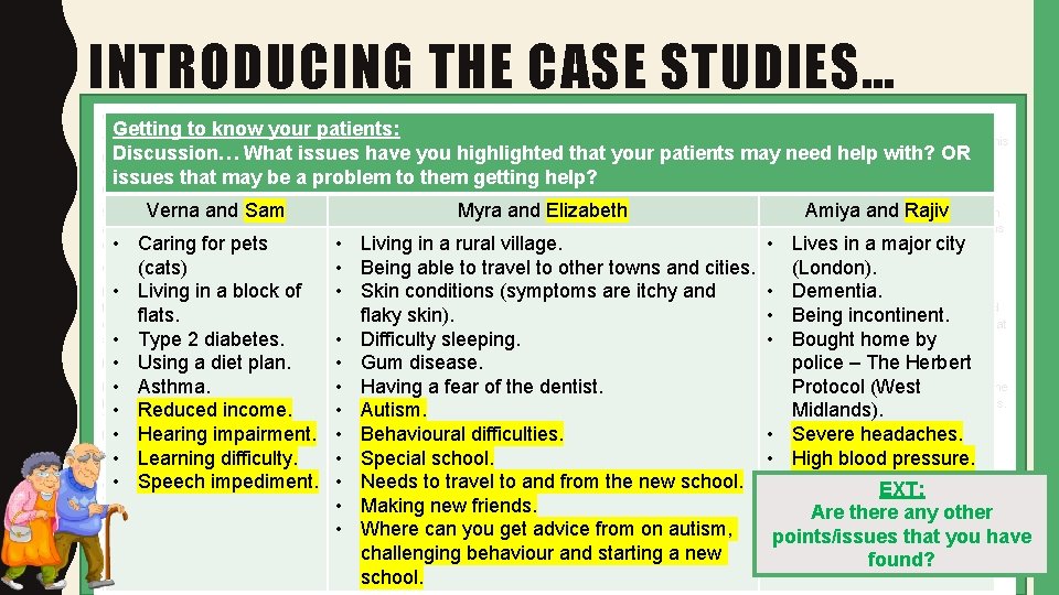 INTRODUCING THE CASE STUDIES… Case study 1: Verna and Sam Williams Getting to know
