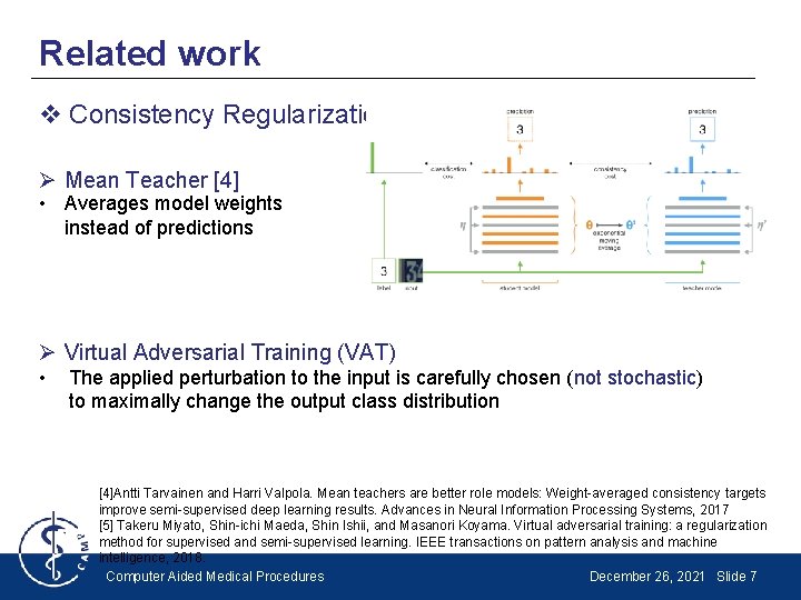 Related work v Consistency Regularization Ø Mean Teacher [4] • Averages model weights instead