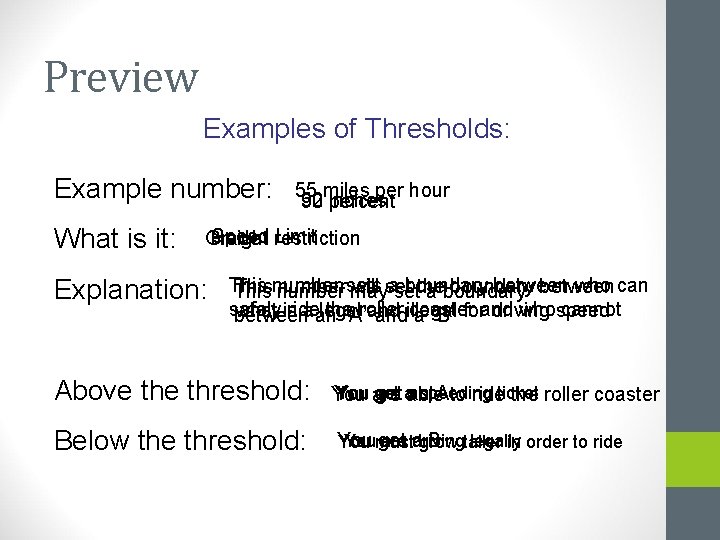 Preview Examples of Thresholds: Example number: What is it: 55 miles per hour 52