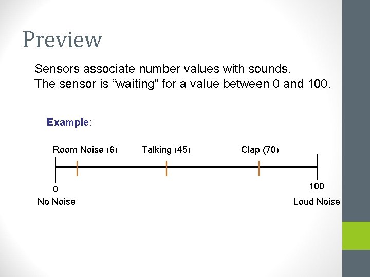 Preview Sensors associate number values with sounds. The sensor is “waiting” for a value
