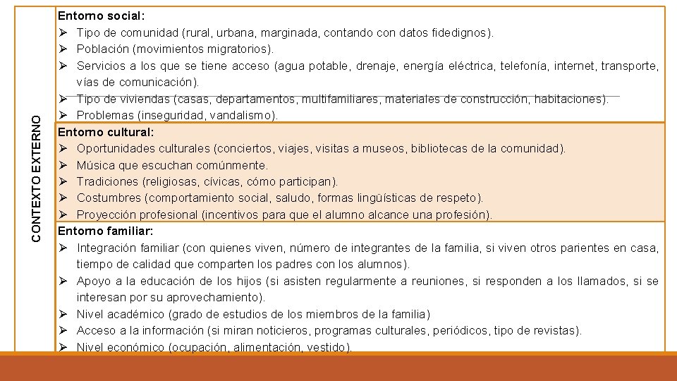 CONTEXTO EXTERNO Entorno social: Tipo de comunidad (rural, urbana, marginada, contando con datos fidedignos).