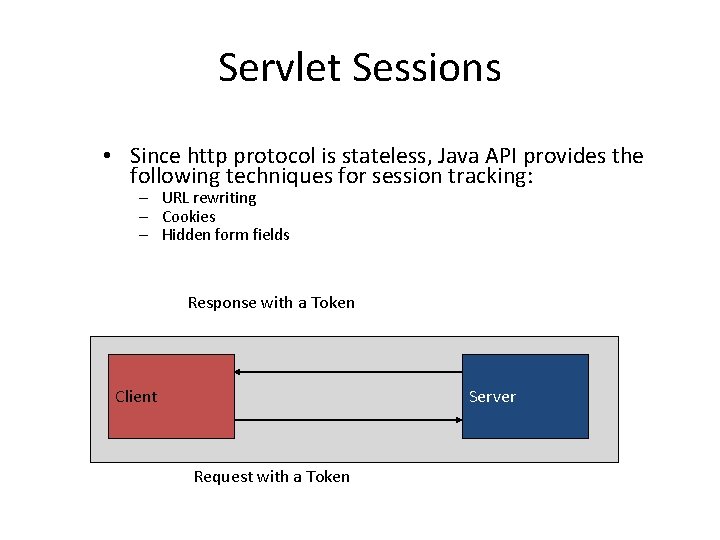 Servlet Sessions • Since http protocol is stateless, Java API provides the following techniques