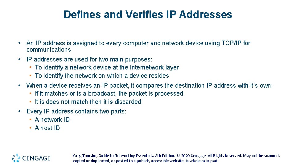 Defines and Verifies IP Addresses • An IP address is assigned to every computer Defines and Verifies IP Addresses • An IP address is assigned to every computer