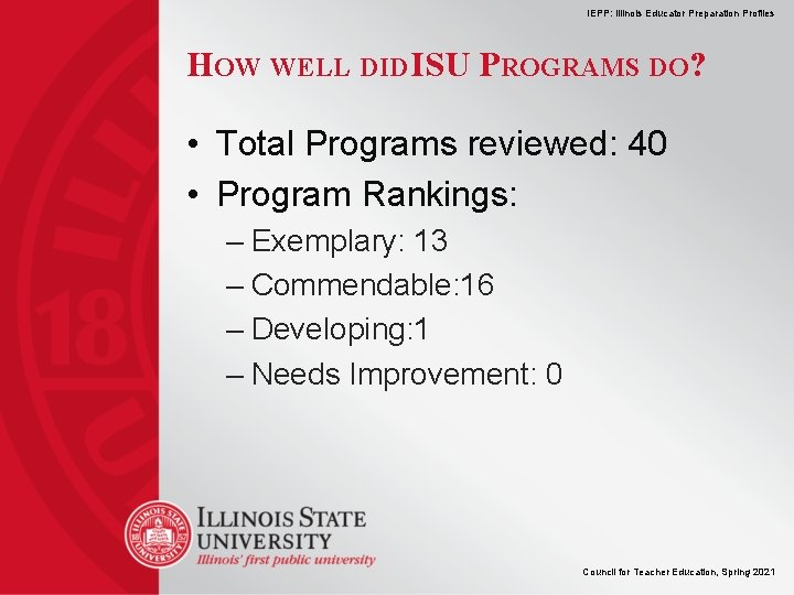 IEPP: Illinois Educator Preparation Profiles HOW WELL DID ISU PROGRAMS DO? • Total Programs