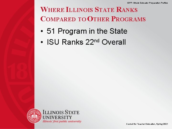 IEPP: Illinois Educator Preparation Profiles WHERE ILLINOIS STATE RANKS COMPARED TO OTHER PROGRAMS •