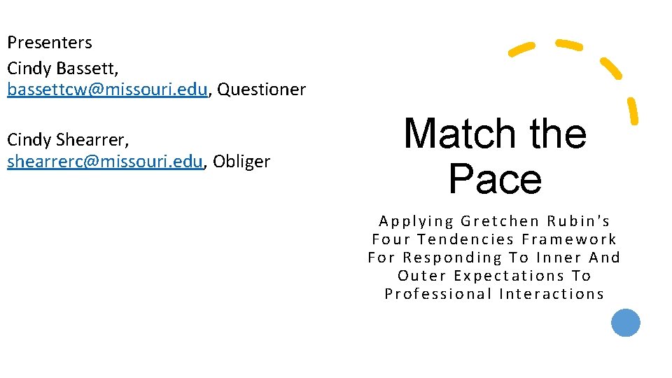 Presenters Cindy Bassett, bassettcw@missouri. edu, Questioner Cindy Shearrer, shearrerc@missouri. edu, Obliger Match the Pace