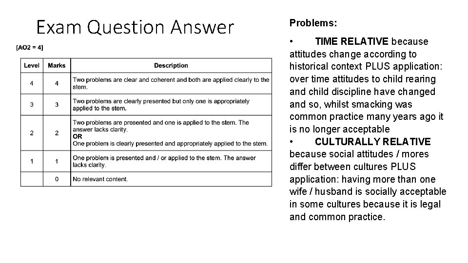 Exam Question Answer Problems: • TIME RELATIVE because attitudes change according to historical context