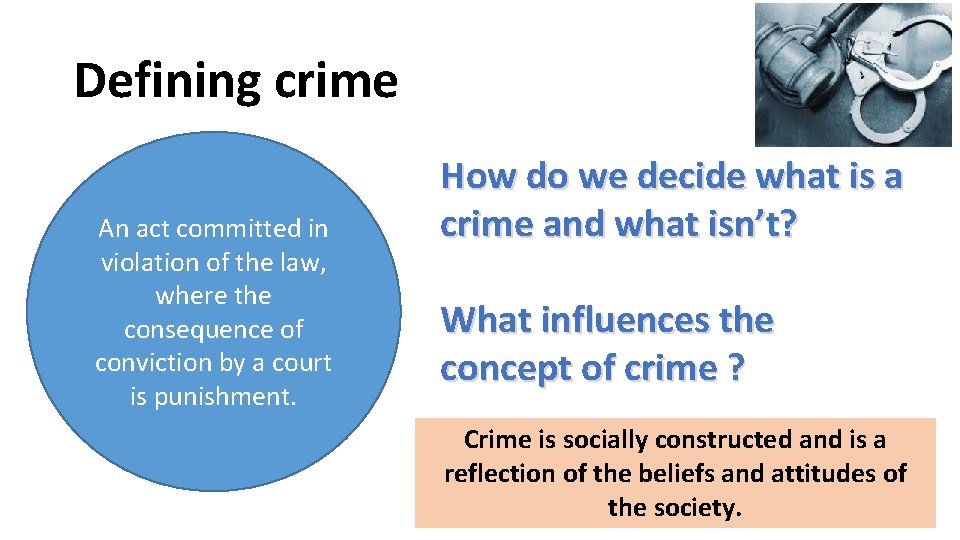 Defining crime An act committed in violation of the law, where the consequence of