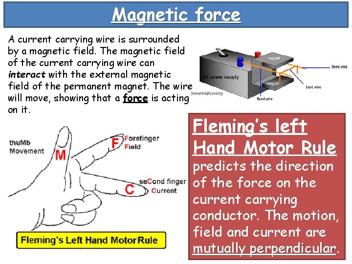 Magnetic force A current carrying wire is surrounded by a magnetic field. The magnetic