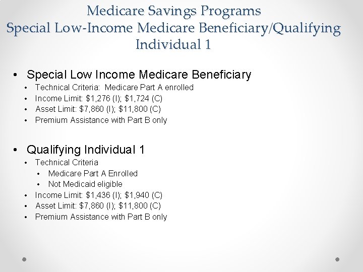 Medicare Savings Programs Special Low-Income Medicare Beneficiary/Qualifying Individual 1 • Special Low Income Medicare