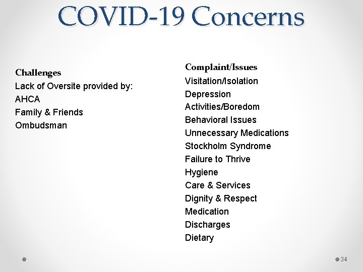 COVID-19 Concerns Challenges Lack of Oversite provided by: AHCA Family & Friends Ombudsman Complaint/Issues