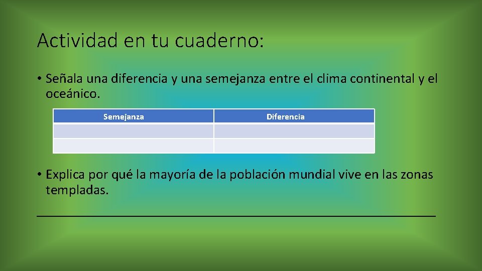 Actividad en tu cuaderno: • Señala una diferencia y una semejanza entre el clima