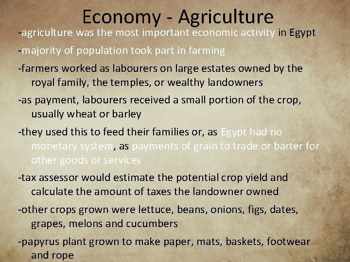 Economy - Agriculture -agriculture was the most important economic activity in Egypt -majority of