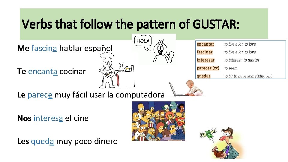 Verbs that follow the pattern of GUSTAR: Me fascina hablar español Te encanta cocinar