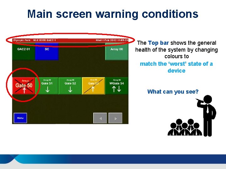 Main screen warning conditions The Top bar shows the general health of the system