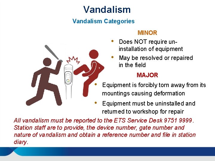 Vandalism Categories MINOR • Does NOT require uninstallation of equipment • May be resolved