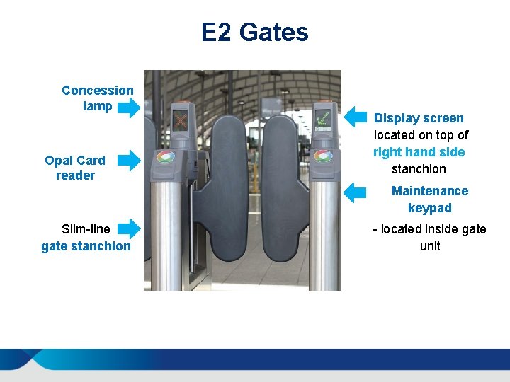E 2 Gates Concession lamp Opal Card reader Display screen located on top of