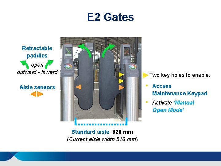 E 2 Gates Retractable paddles open outward - inward Two key holes to enable: