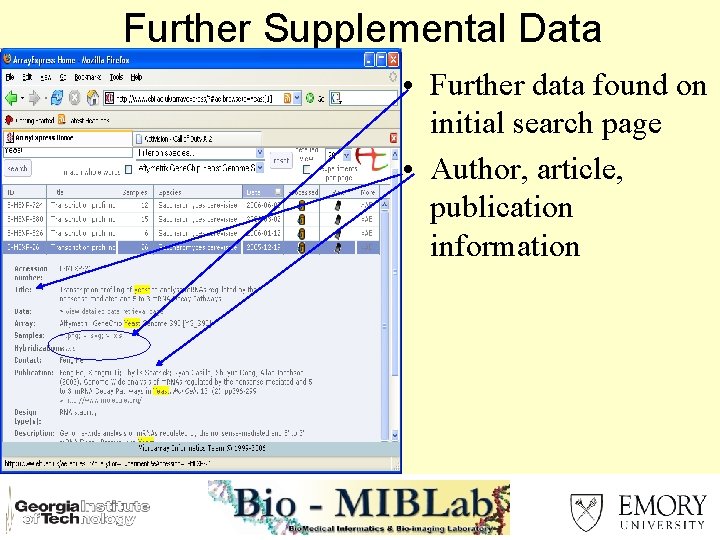Further Supplemental Data • Further data found on initial search page • Author, article,