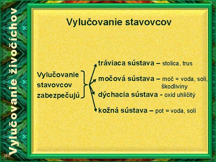 Vylučovanie živočíchov Vylučovanie stavovcov tráviaca sústava – stolica, trus Vylučovanie stavovcov zabezpečujú močová sústava