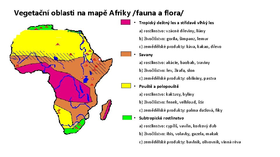 Vegetační oblasti na mapě Afriky /fauna a flora/ • Tropický deštný les a střídavě