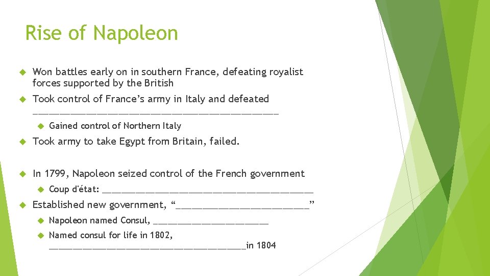 Rise of Napoleon Won battles early on in southern France, defeating royalist forces supported