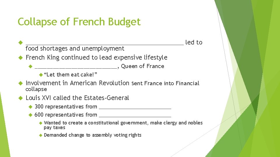 Collapse of French Budget ________________________ led to food shortages and unemployment French King continued
