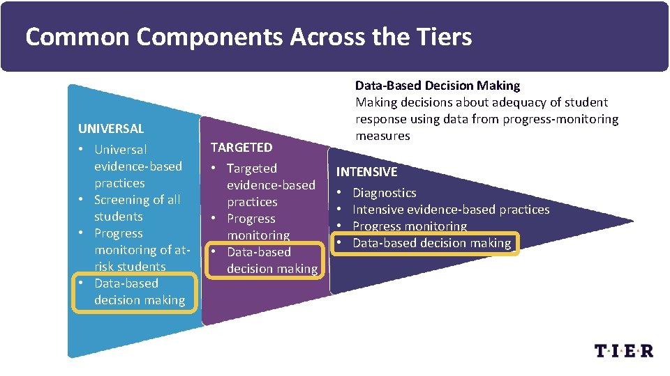 Common Components Across the Tiers Data-Based Decision Making decisions about adequacy of student response