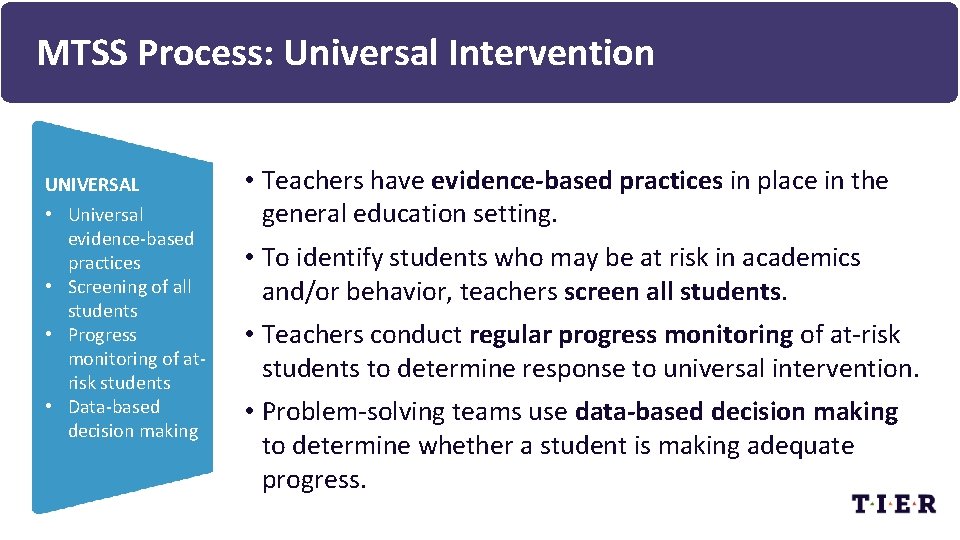 MTSS Process: Universal Intervention UNIVERSAL • Universal evidence-based practices • Screening of all students