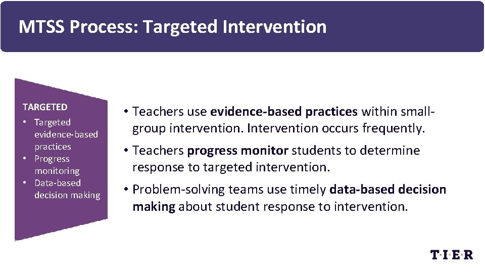 MTSS Process: Targeted Intervention TARGETED • Targeted evidence-based practices • Progress monitoring • Data-based