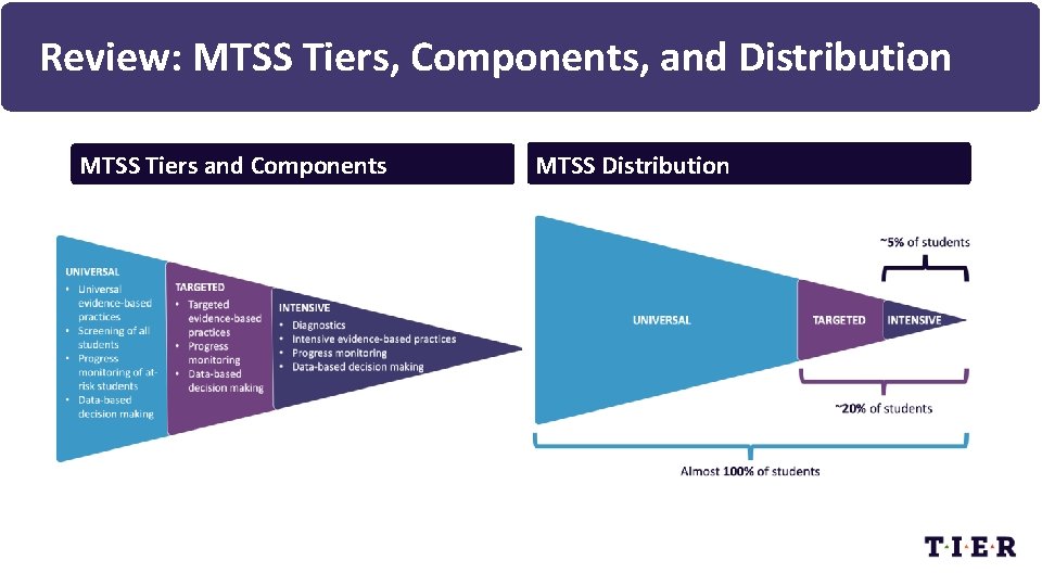 Review: MTSS Tiers, Components, and Distribution MTSS Tiers and Components MTSS Distribution 