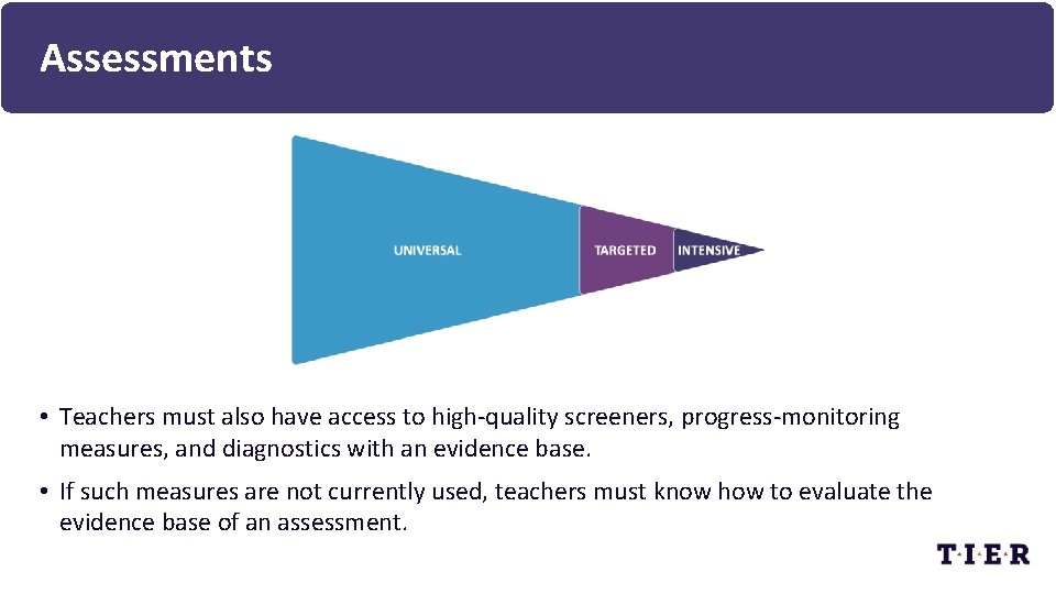 Assessments • Teachers must also have access to high-quality screeners, progress-monitoring measures, and diagnostics