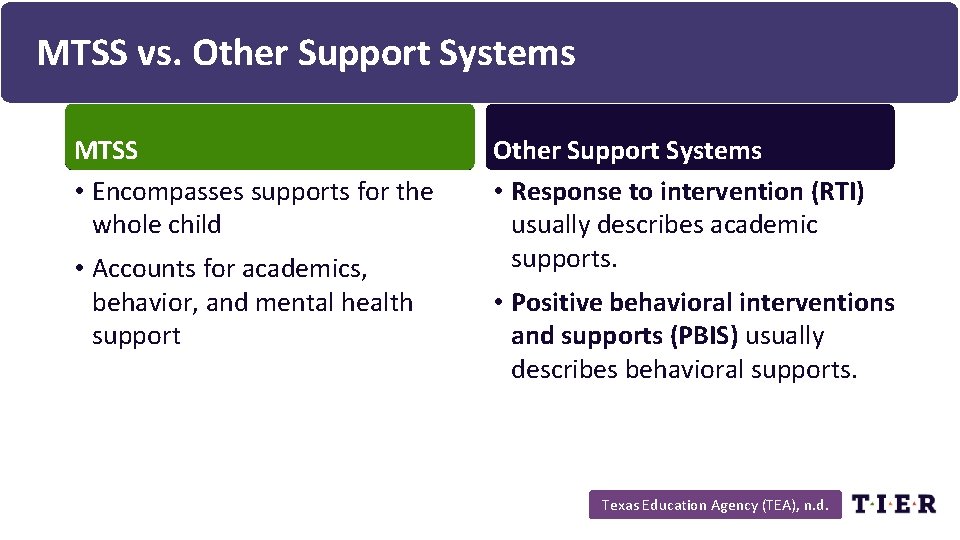 MTSS vs. Other Support Systems MTSS • Encompasses supports for the whole child •