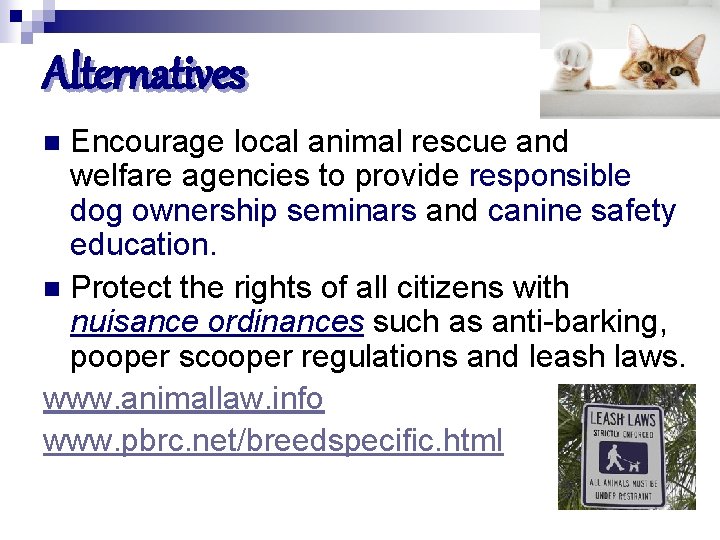 Alternatives Encourage local animal rescue and welfare agencies to provide responsible dog ownership seminars