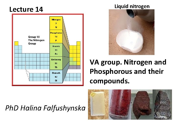 Lecture 14 Liquid nitrogen VA group. Nitrogen and Phosphorous and their compounds. Ph. D