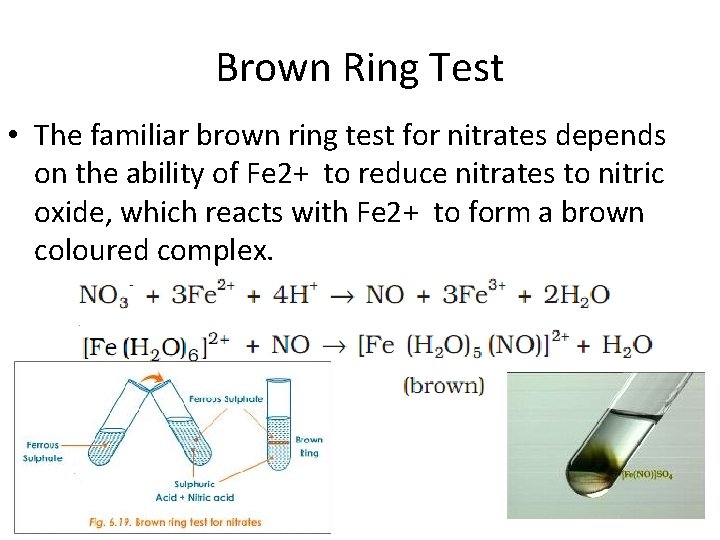Brown Ring Test • The familiar brown ring test for nitrates depends on the