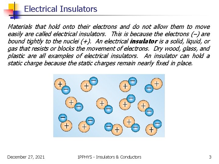 Electrical Insulators Materials that hold onto their electrons and do not allow them to