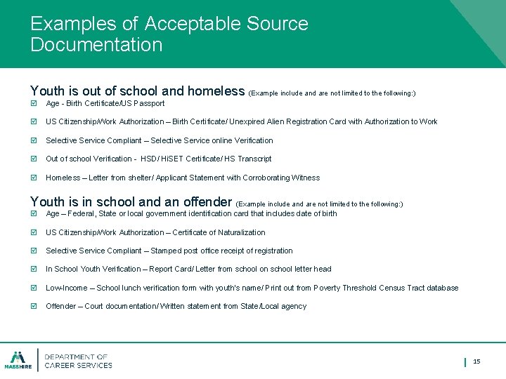 Examples of Acceptable Source Documentation Youth is out of school and homeless (Example include