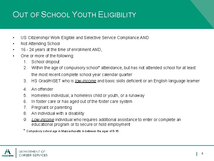 OUT OF SCHOOL YOUTH ELIGIBILITY • • US Citizenship/ Work Eligible and Selective Service
