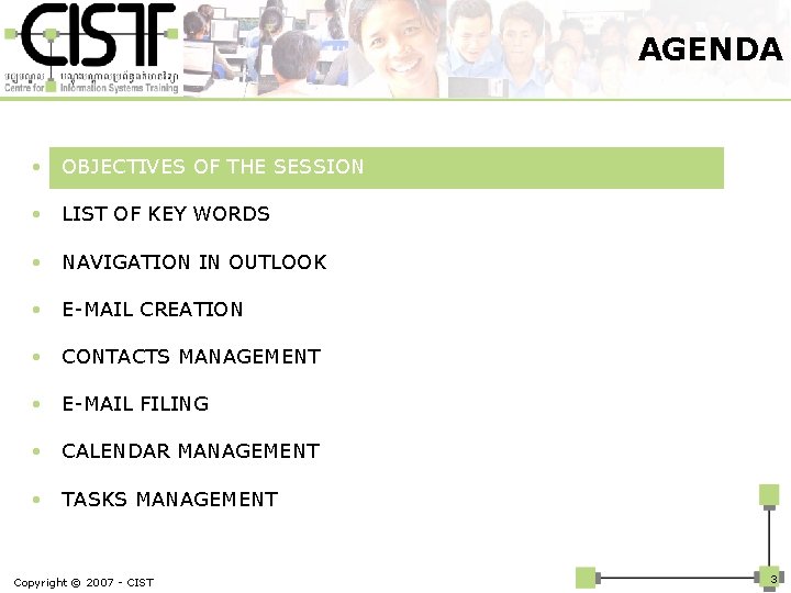 AGENDA • OBJECTIVES OF THE SESSION • LIST OF KEY WORDS • NAVIGATION IN