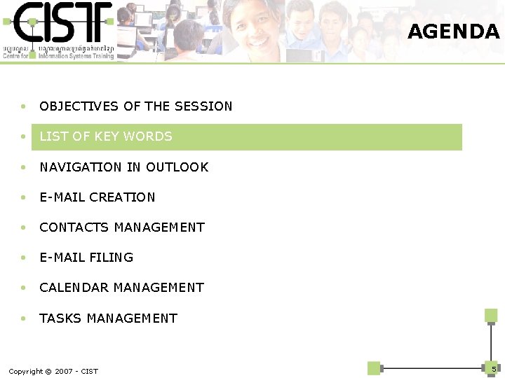 AGENDA • OBJECTIVES OF THE SESSION • LIST OF KEY WORDS • NAVIGATION IN