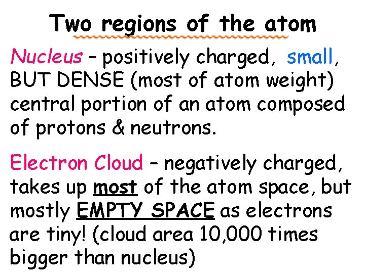 Two regions of the atom Nucleus – positively charged, small, BUT DENSE (most of