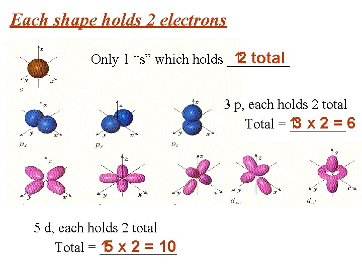 Each shape holds 2 electrons 2 total Only 1 “s” which holds _____ 3